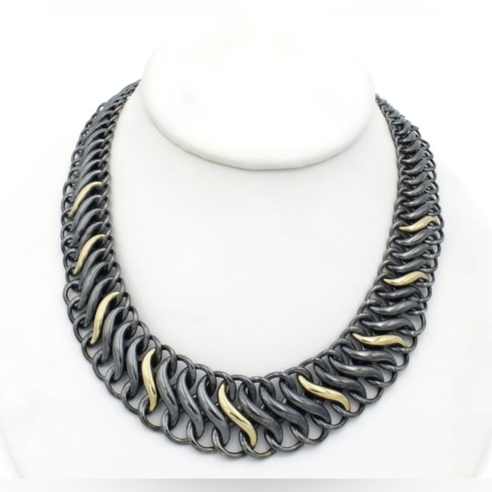 David‎ Yurman Oxidized Sterling Silver & 18k Gold Woven S Link Collar Necklace